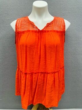 a.n.a. WOMEN’S TIERED CUT OUT CROCHET TOP Size M  SLEEVELESS BLOUSE ORANGE
